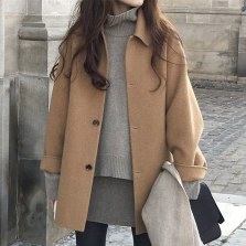 韓国風ファッション カジュアル 無地 シングルブレスト 折り襟 防寒 体型をカバー ラシャ レディースコート