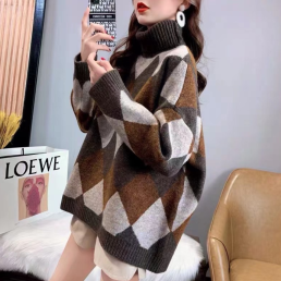 韓国ファッション 3色 配色 ハイネック ボーダー ゆったり ニットセーター