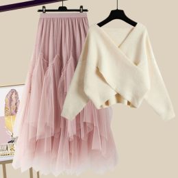 アプリコット/セーター+ピンク/スカート