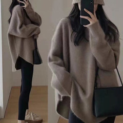 韓国風ファッション フェミニン 無地 体型をカバー アンプルライン 秋冬 スリット ニット セーター