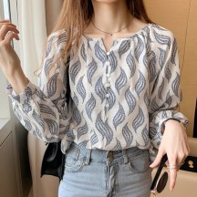 韓国風ファッション プリント 気分転換 Vネック ボタン 長袖 シャツ